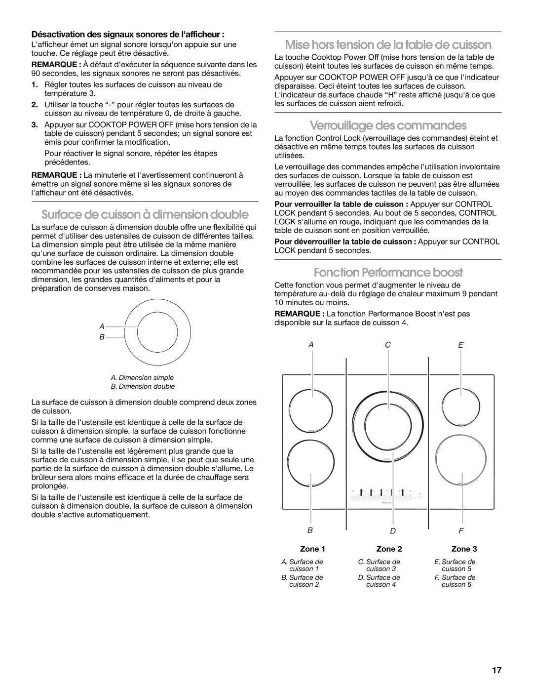 Jenn-Air W10141605 manual Surface de cuisson à dimension double, Mise hors tension de la table de cuisson 