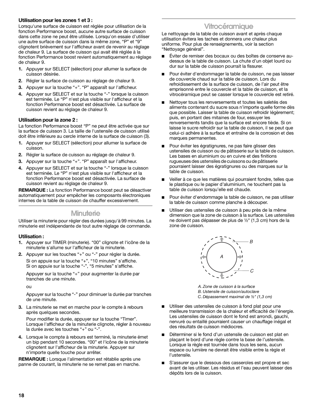 Jenn-Air W10141605 manual Minuterie, Vitrocéramique, Utilisation pour les zones 1 et, Utilisation pour la zone 