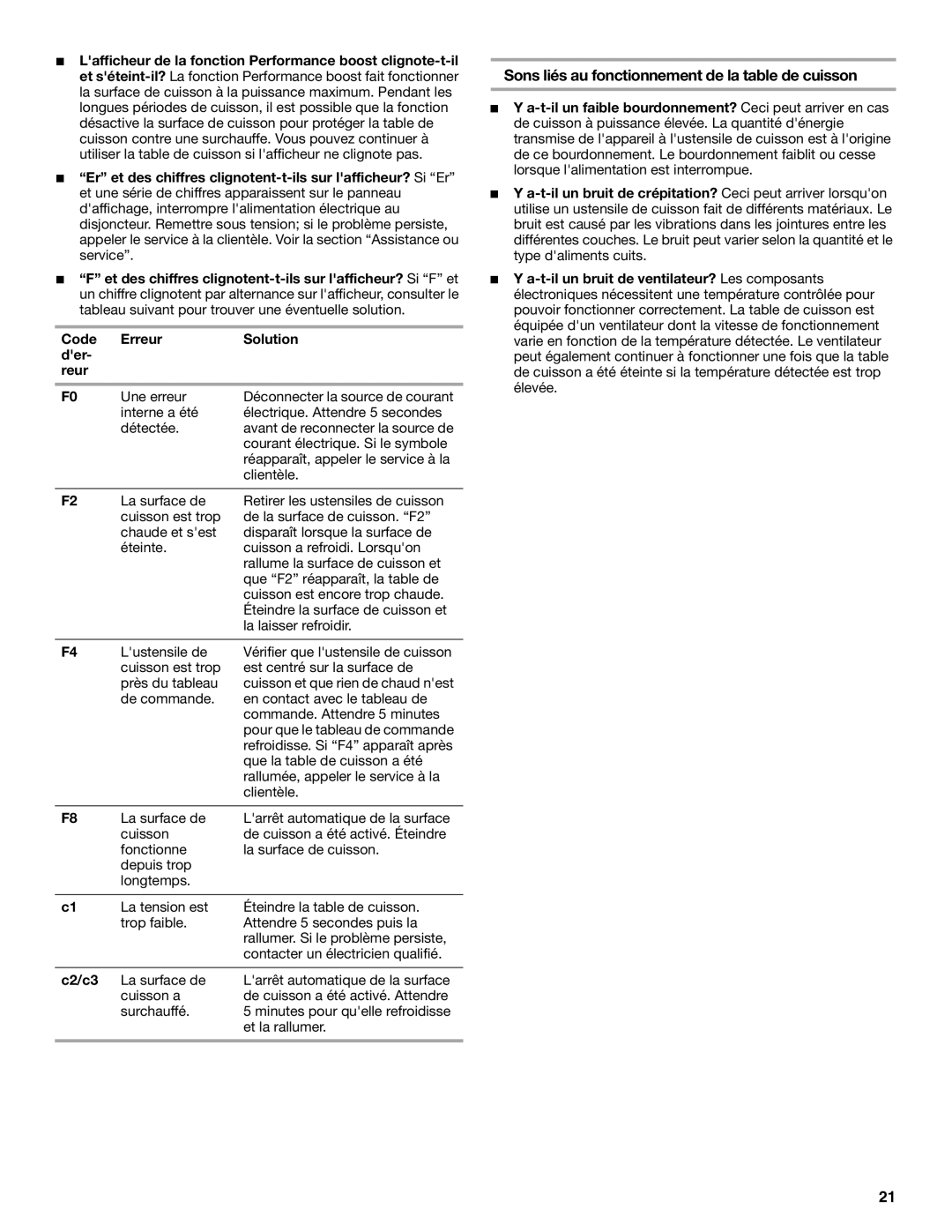 Jenn-Air W10141605 manual Sons liés au fonctionnement de la table de cuisson, C2/c3 