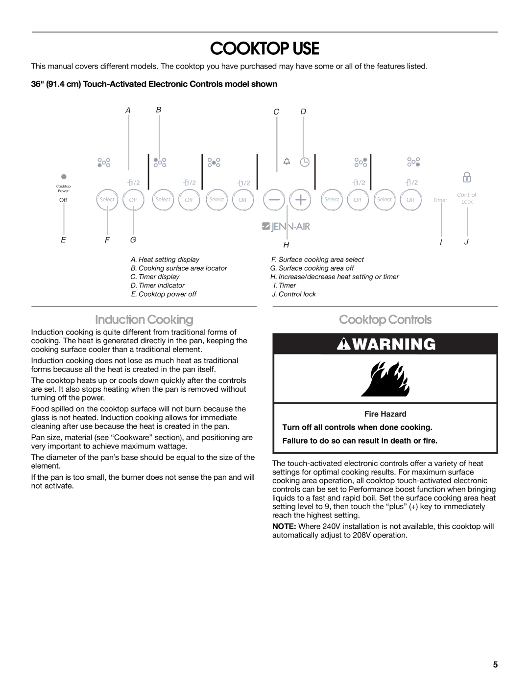 Jenn-Air W10141605 manual Cooktop USE, Induction Cooking, Cooktop Controls 