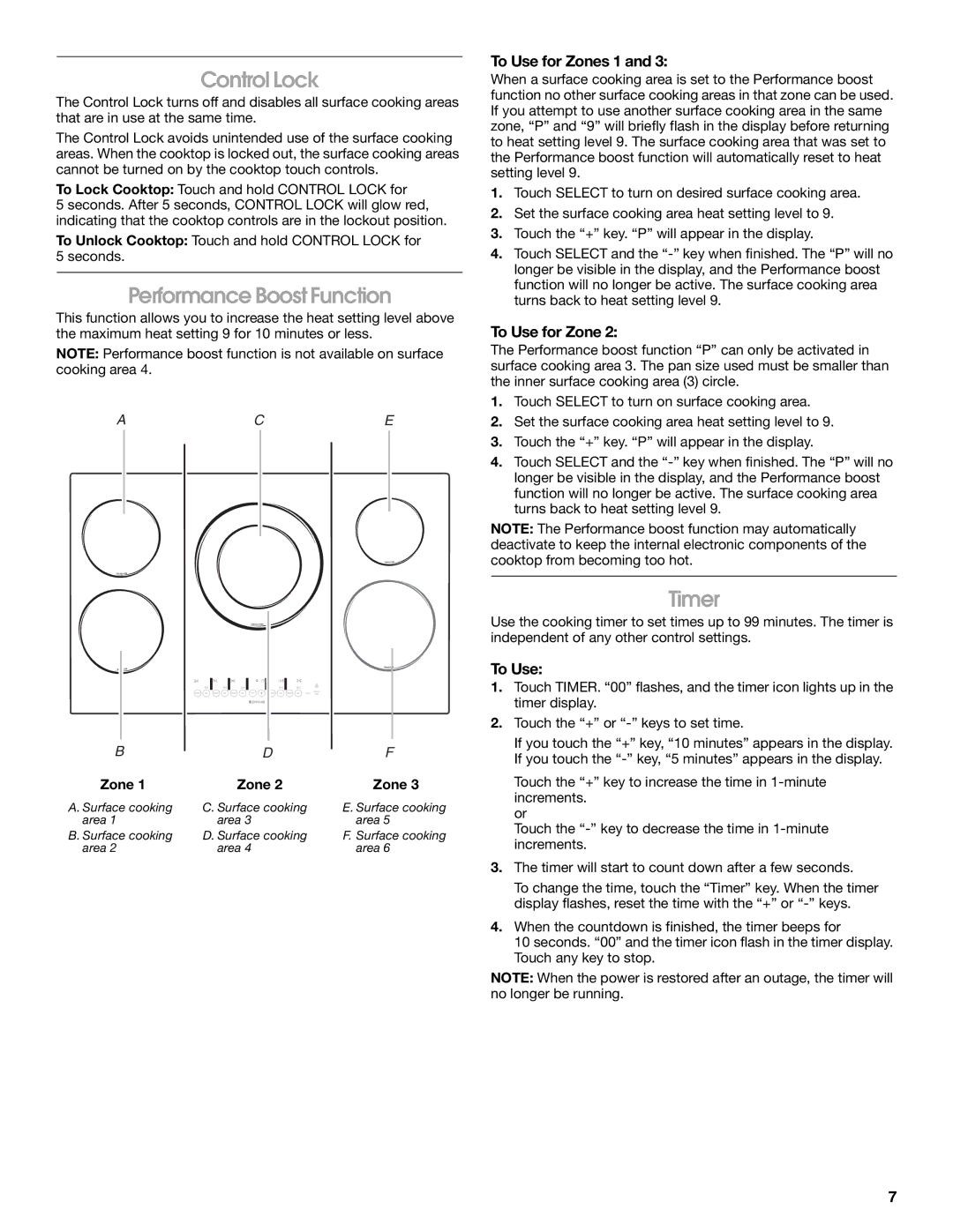 Jenn-Air W10141605 manual Control Lock, Performance Boost Function, Timer, To Use for Zones 1 