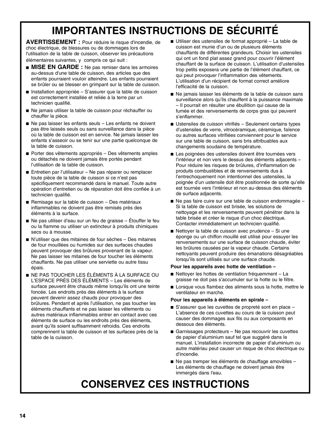 Jenn-Air W10141605 manual Importantes Instructions De Sécurité, Conservez Ces Instructions 