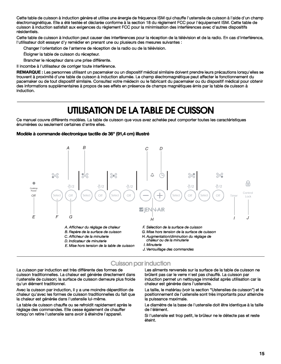 Jenn-Air W10141605 manual Utilisation De La Table De Cuisson, Cuisson par induction, E F G, Hi J, A Bc D 