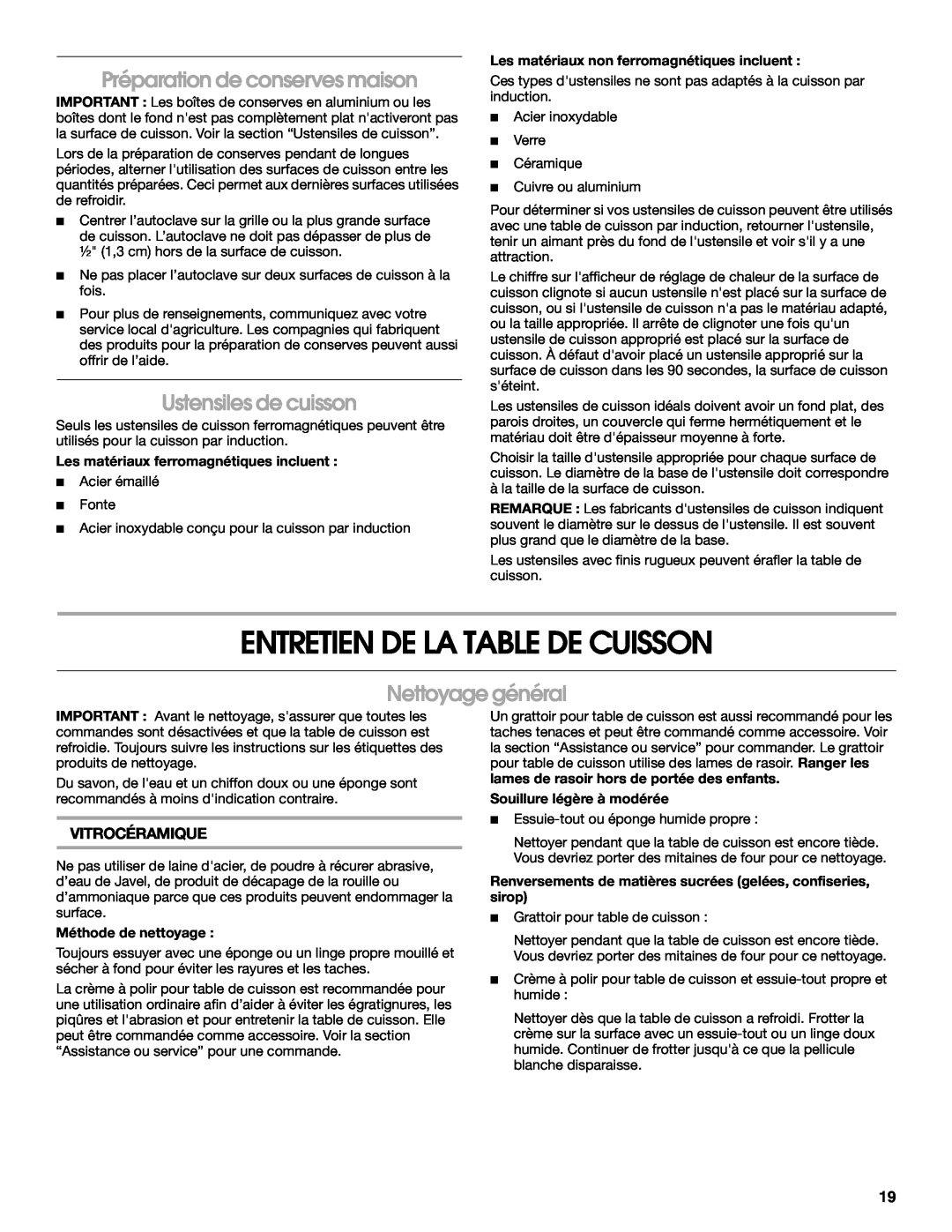 Jenn-Air W10141605 manual Entretien De La Table De Cuisson, Préparation de conserves maison, Ustensiles de cuisson 