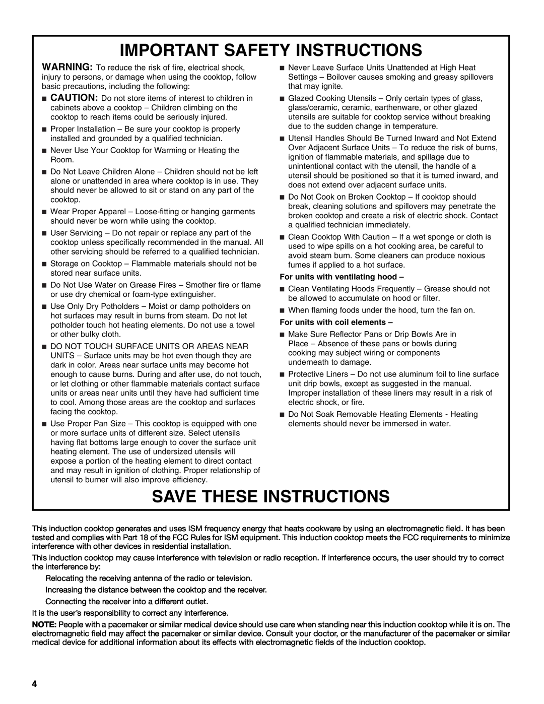 Jenn-Air W10141605 manual Important Safety Instructions, Save These Instructions, For units with ventilating hood 