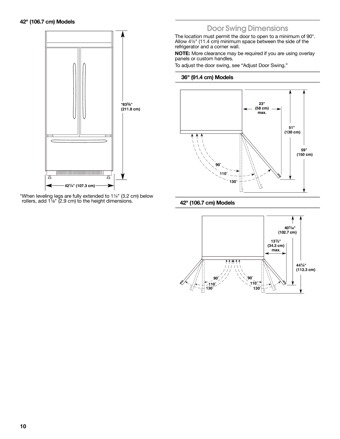 Jenn-Air W10183782A manual Door Swing Dimensions 