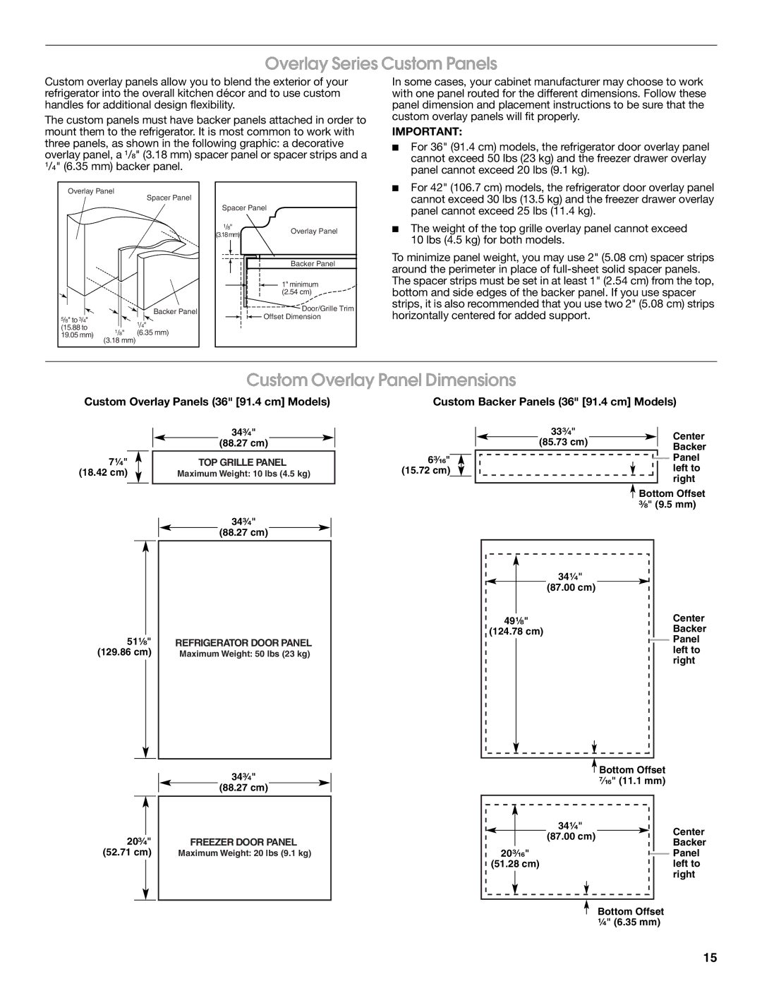 Jenn-Air W10183782A Overlay Series Custom Panels, Custom Overlay Panel Dimensions, Custom Overlay Panels 36 91.4 cm Models 