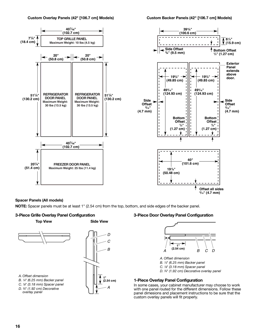 Jenn-Air W10183782A Piece Grille Overlay Panel Configuration, Piece Door Overlay Panel Configuration, Top View Side View 