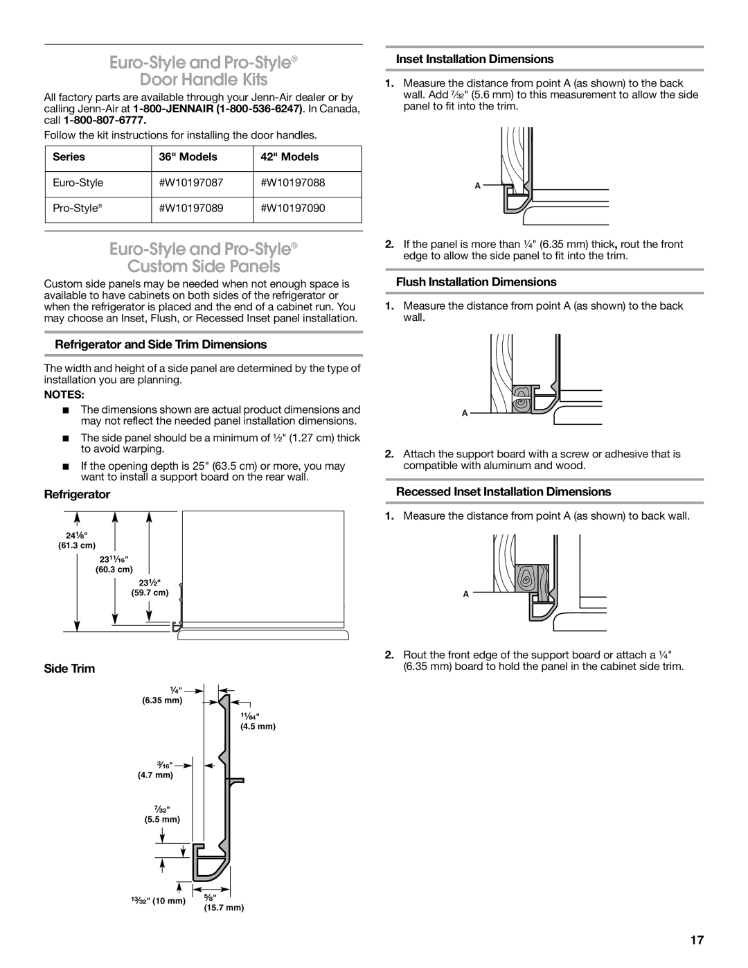 Jenn-Air W10183782A manual Euro-Style and Pro-Style Door Handle Kits, Euro-Style and Pro-Style Custom Side Panels 