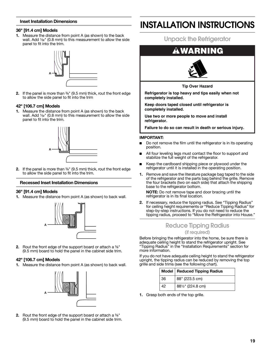 Jenn-Air W10183782A manual Unpack the Refrigerator, Reduce Tipping Radius, Inset Installation Dimensions 36 91.4 cm Models 