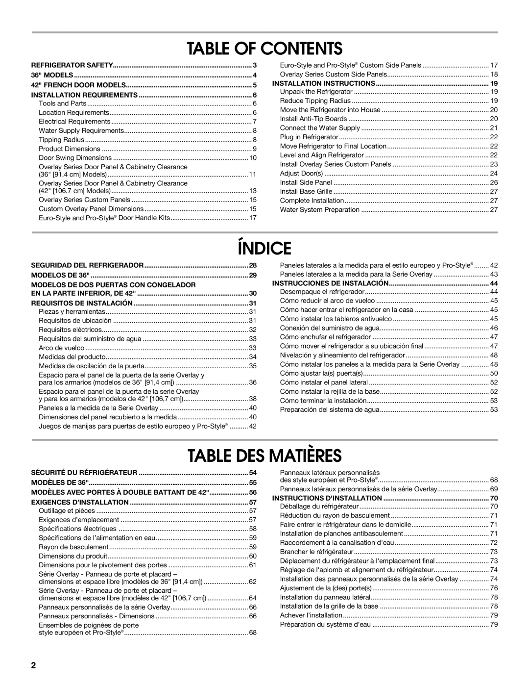 Jenn-Air W10183782A manual Table of Contents, Índice, Table DES Matières 