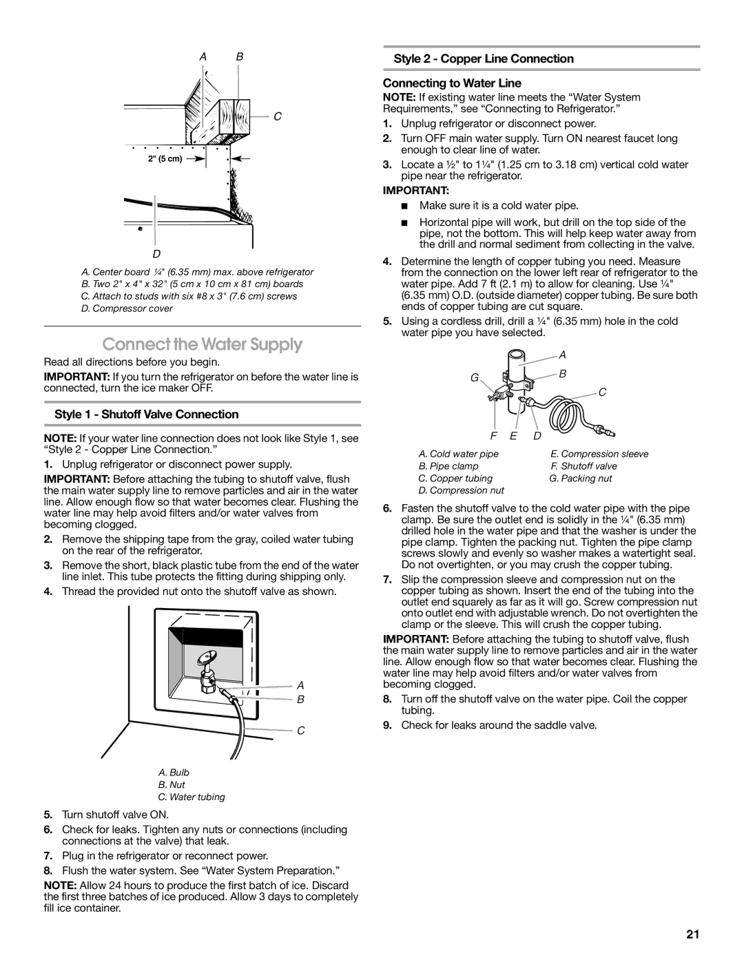 Jenn-Air W10183782A manual Connect the Water Supply, Style 1 Shutoff Valve Connection 