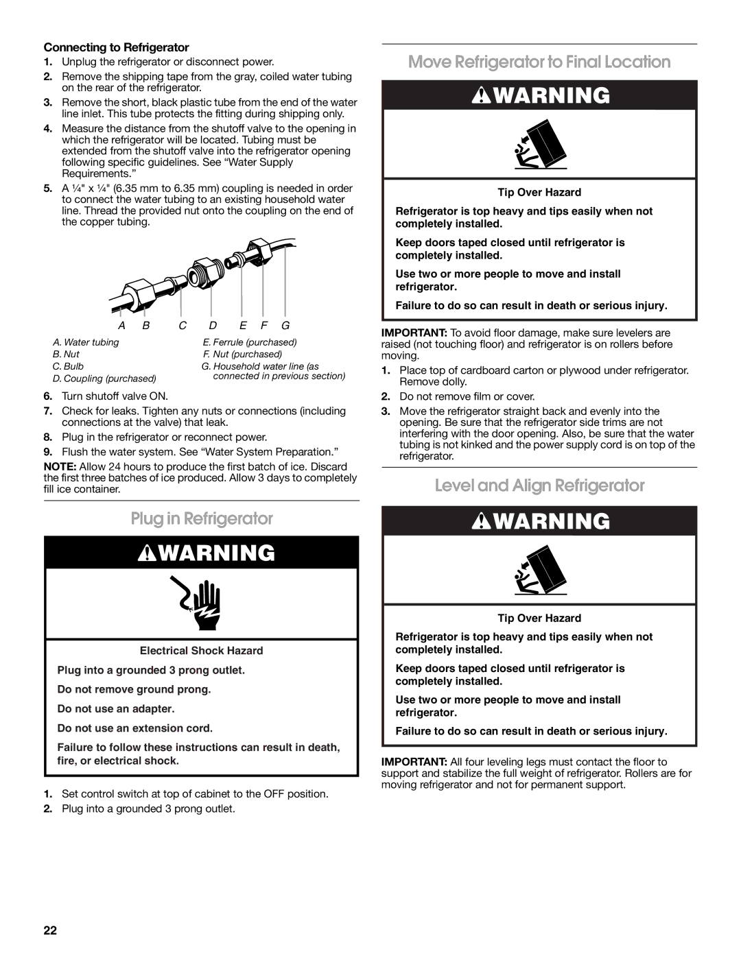 Jenn-Air W10183782A manual Plug in Refrigerator, Move Refrigerator to Final Location, Level and Align Refrigerator 