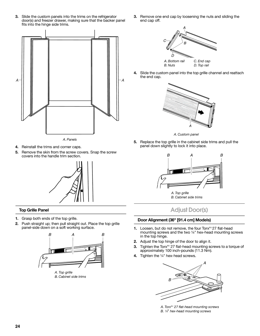 Jenn-Air W10183782A manual Adjust Doors, Top Grille Panel, Door Alignment 36 91.4 cm Models 