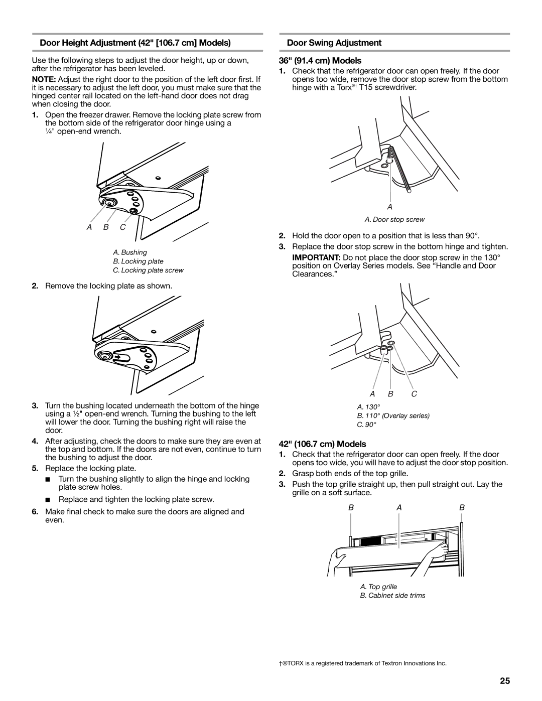 Jenn-Air W10183782A manual Door Height Adjustment 42 106.7 cm Models, Door Swing Adjustment 36 91.4 cm Models 