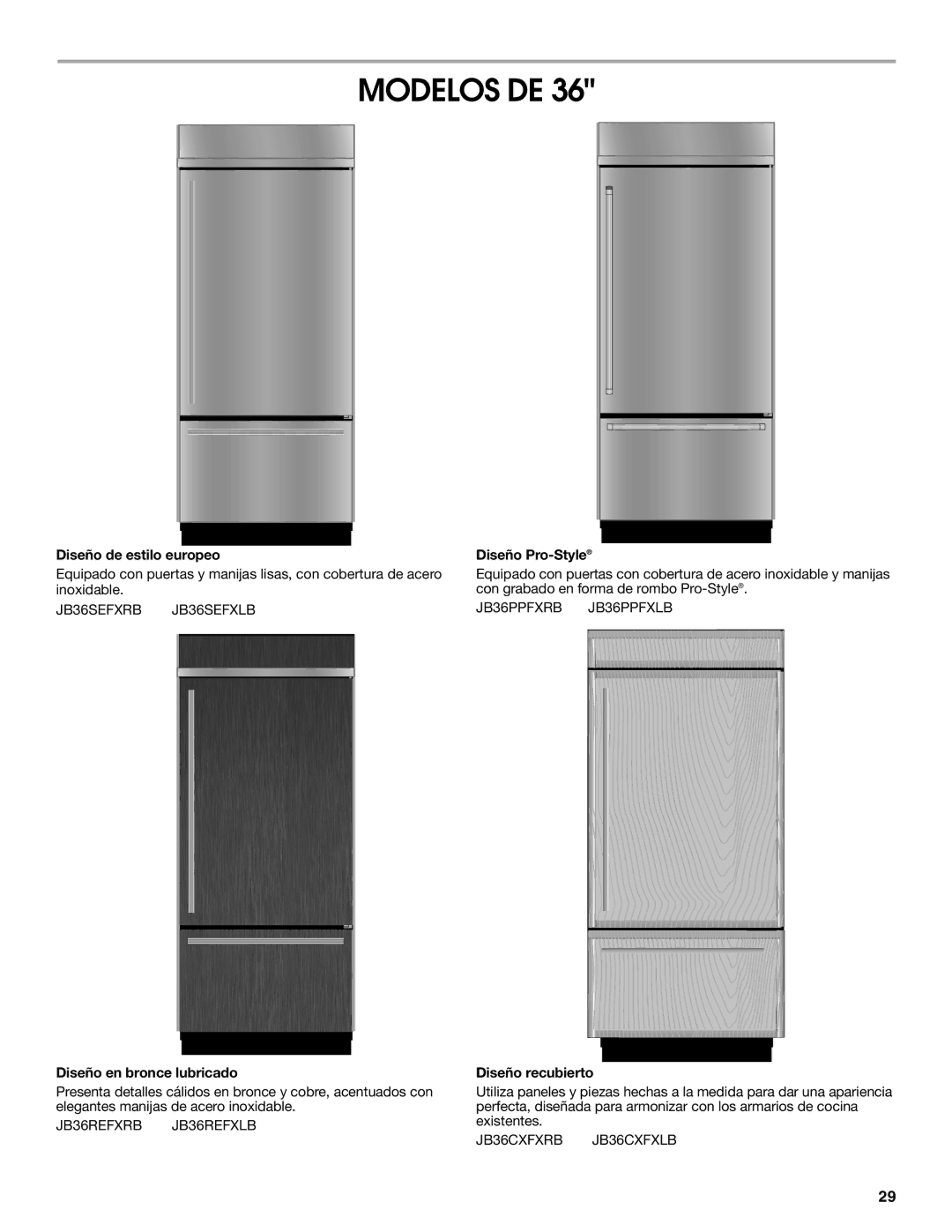 Jenn-Air W10183782A Modelos DE, Diseño de estilo europeo, Diseño Pro-Style, Diseño en bronce lubricado, Diseño recubierto 