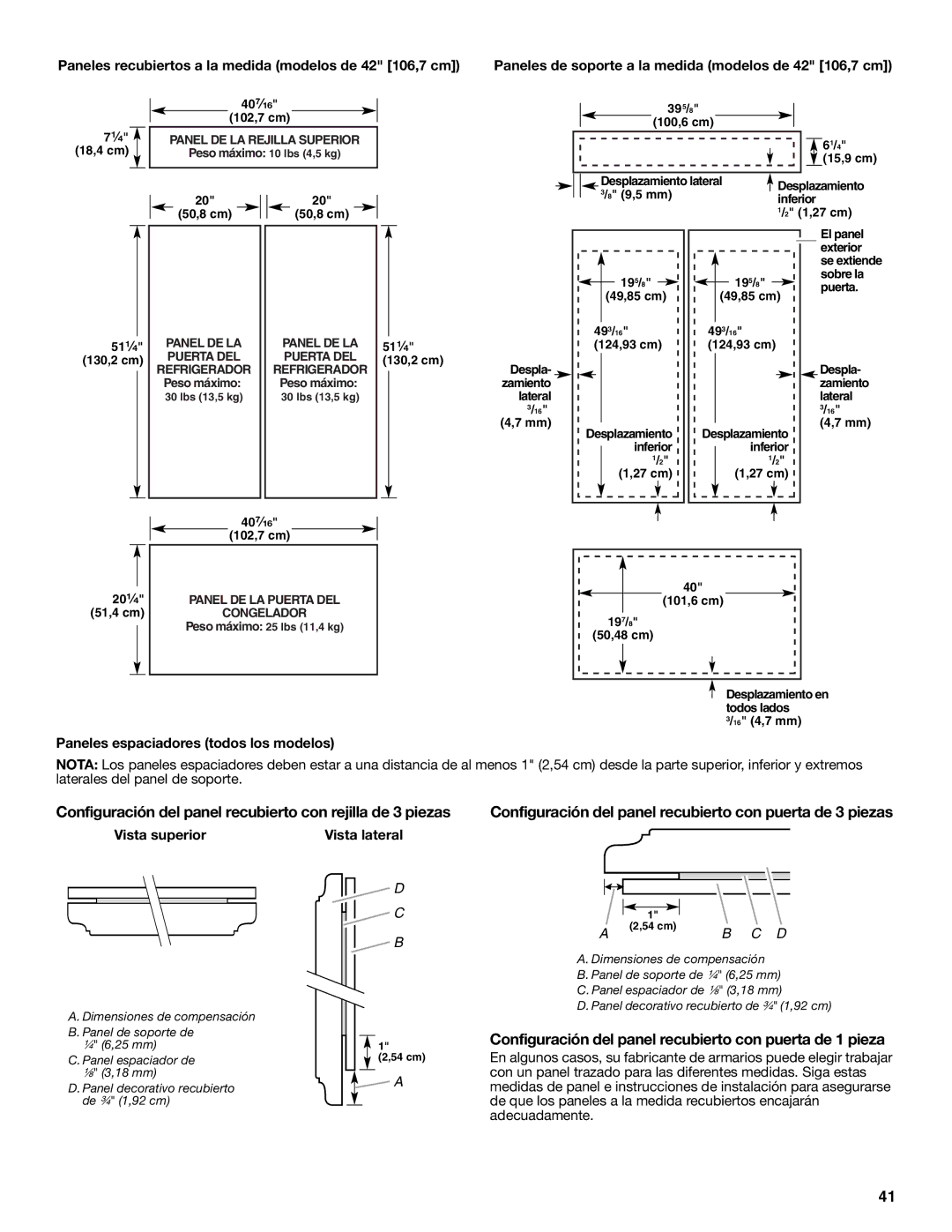 Jenn-Air W10183782A manual Configuración del panel recubierto con puerta de 1 pieza, Paneles espaciadores todos los modelos 