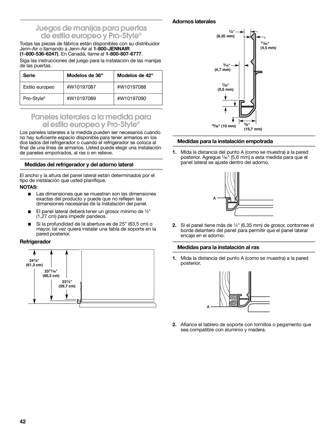 Jenn-Air W10183782A manual Medidas del refrigerador y del adorno lateral, Refrigerador, Adornos laterales 