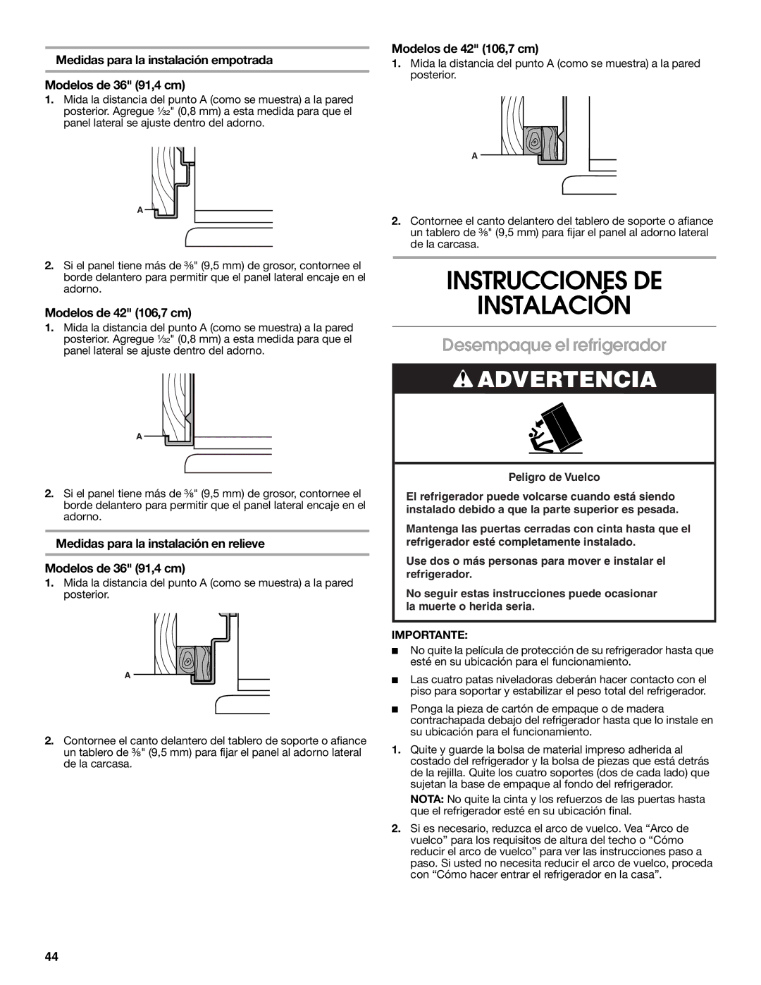 Jenn-Air W10183782A manual Instrucciones DE Instalación, Desempaque el refrigerador 