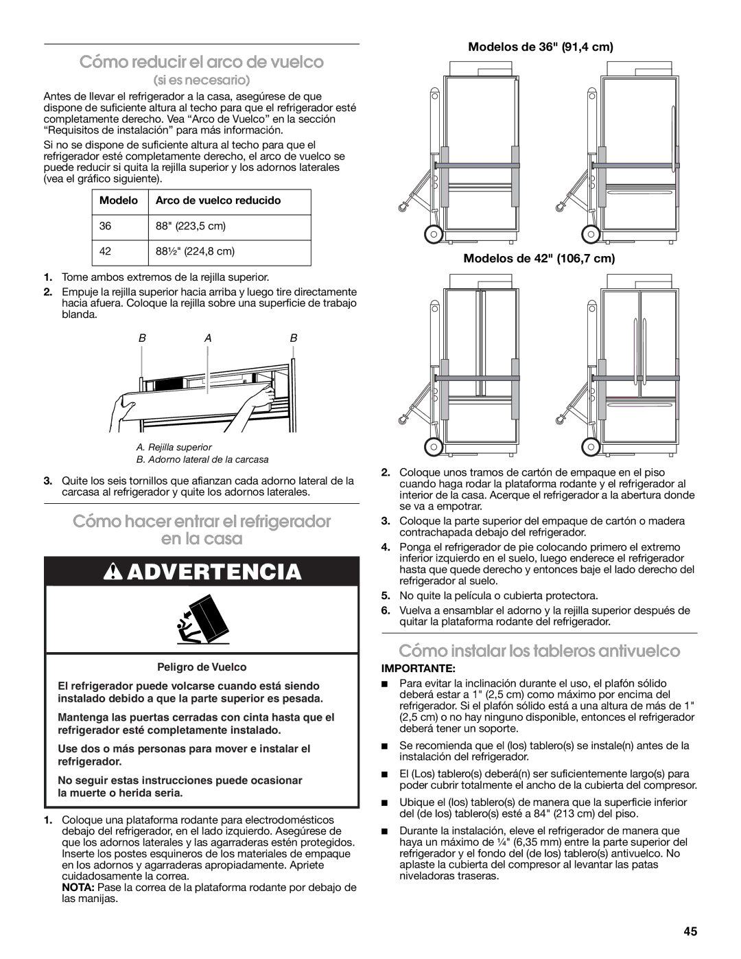 Jenn-Air W10183782A manual Cómo reducir el arco de vuelco, Cómo hacer entrar el refrigerador En la casa 