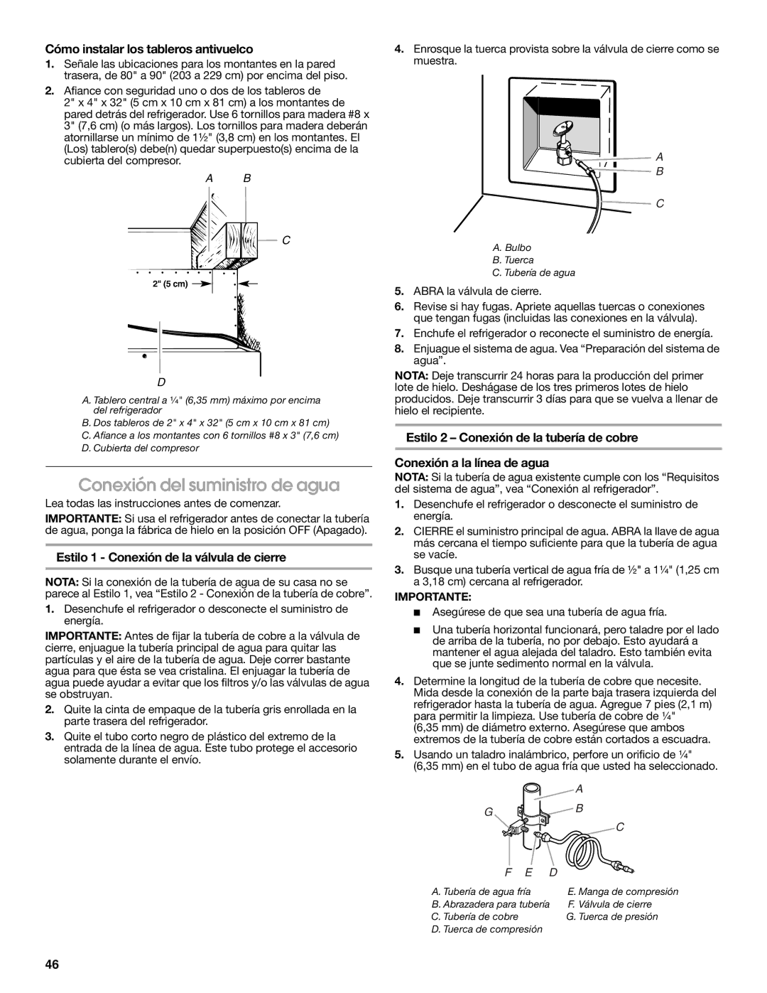 Jenn-Air W10183782A manual Conexión del suministro de agua, Cómo instalar los tableros antivuelco 