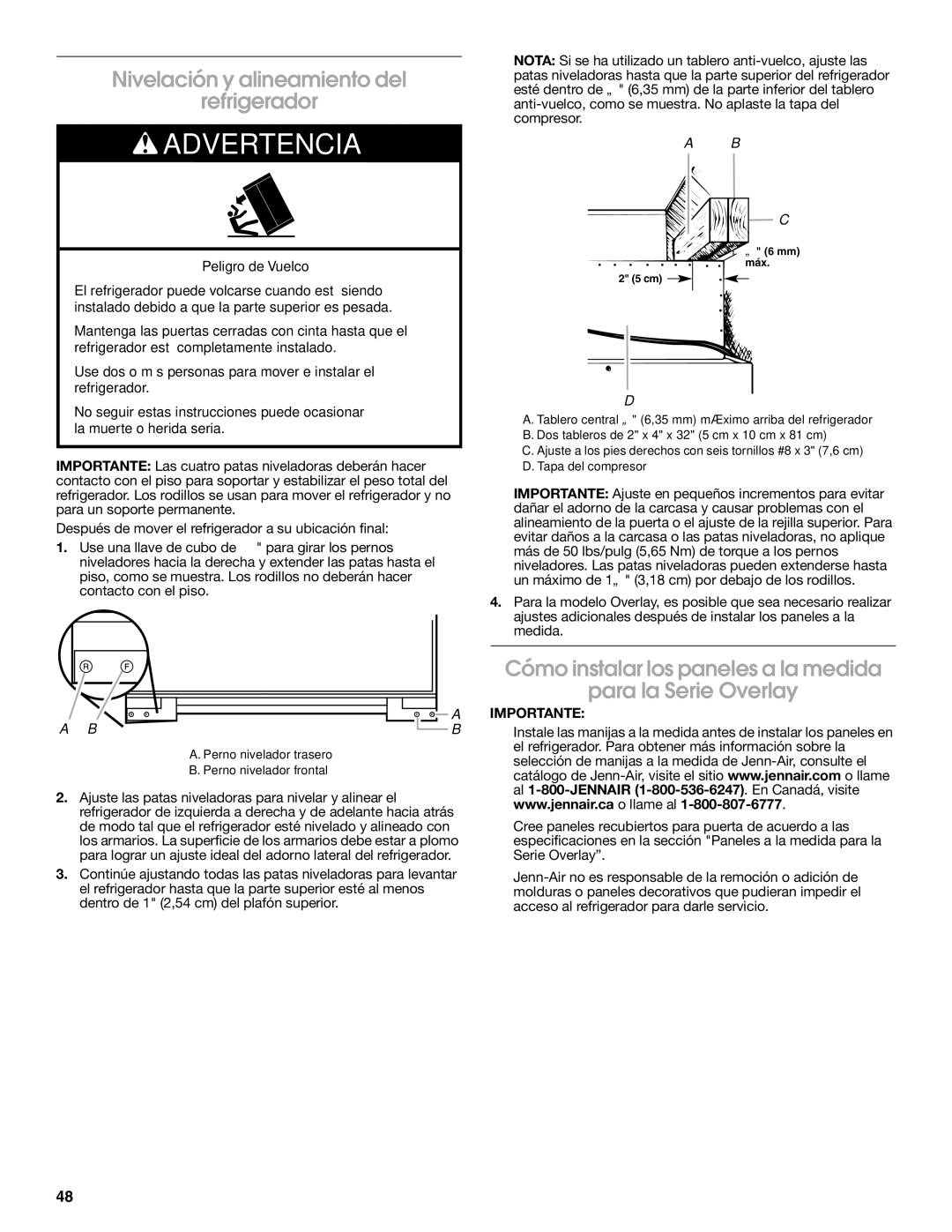 Jenn-Air W10183782A manual Nivelación y alineamiento del Refrigerador 