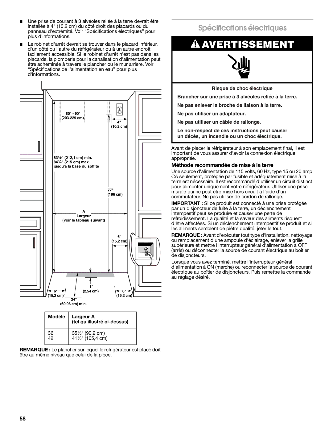 Jenn-Air W10183782A manual Spécifications électriques, Méthode recommandée de mise à la terre 