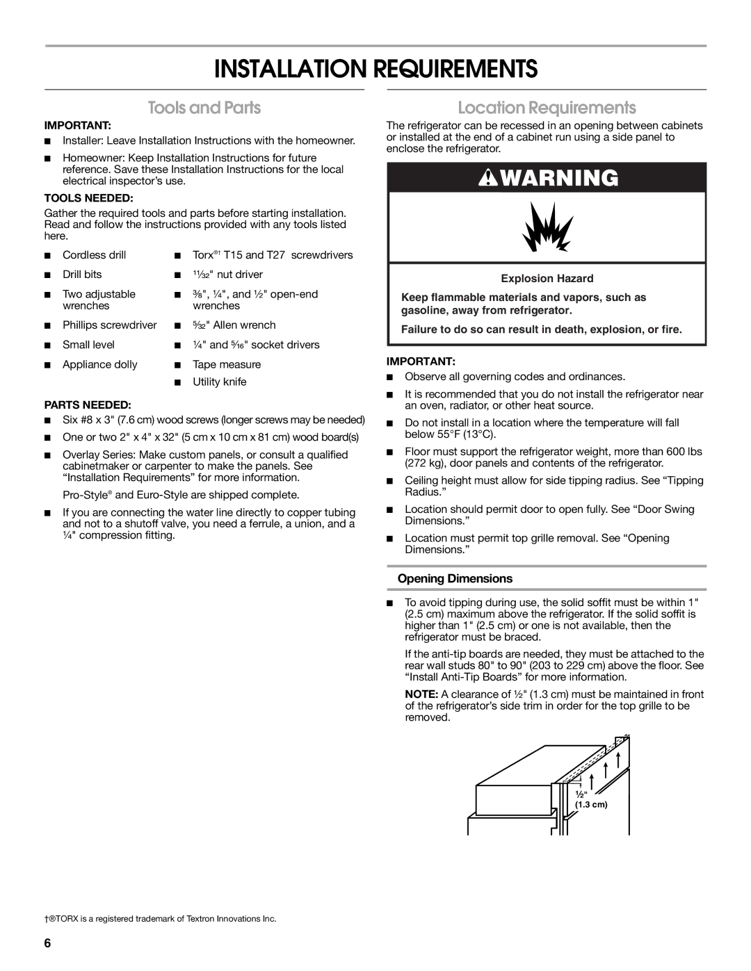 Jenn-Air W10183782A manual Installation Requirements, Tools and Parts, Location Requirements, Opening Dimensions 