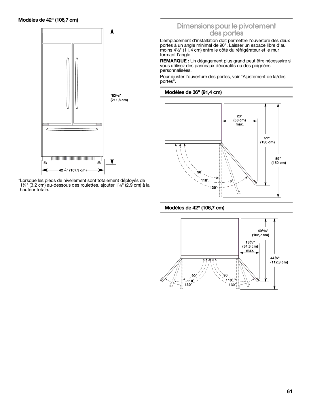 Jenn-Air W10183782A manual Dimensions pour le pivotement Des portes 