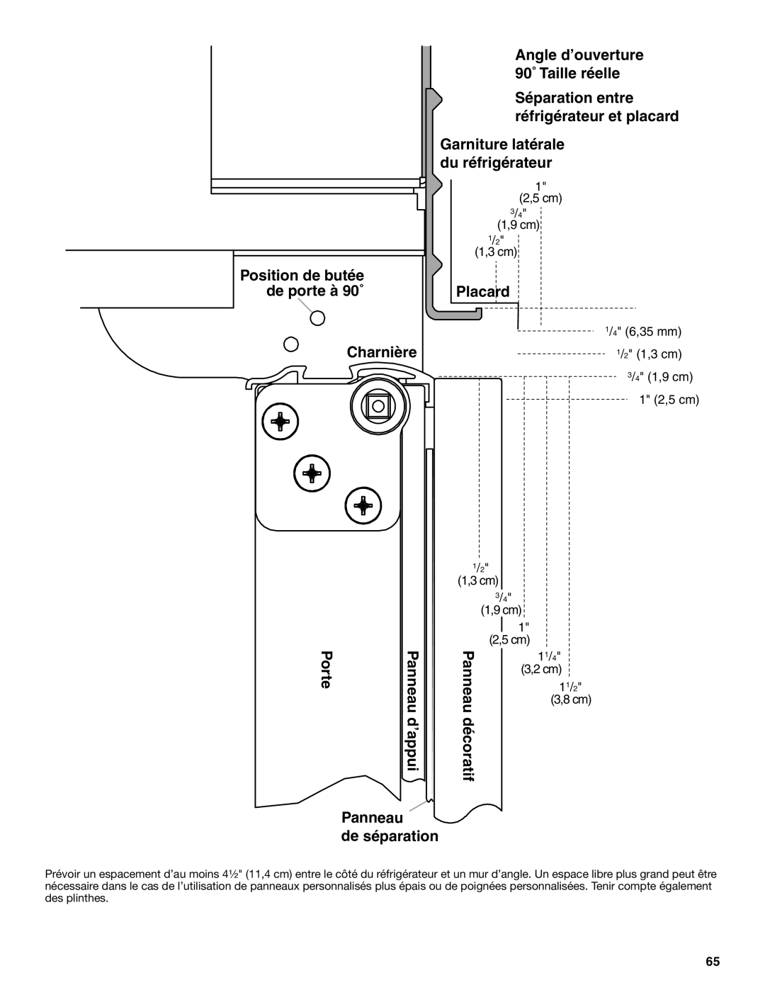 Jenn-Air W10183782A manual Position de butée de porte à 90˚ Charnière Porte, ’appui, Panneau de séparation 