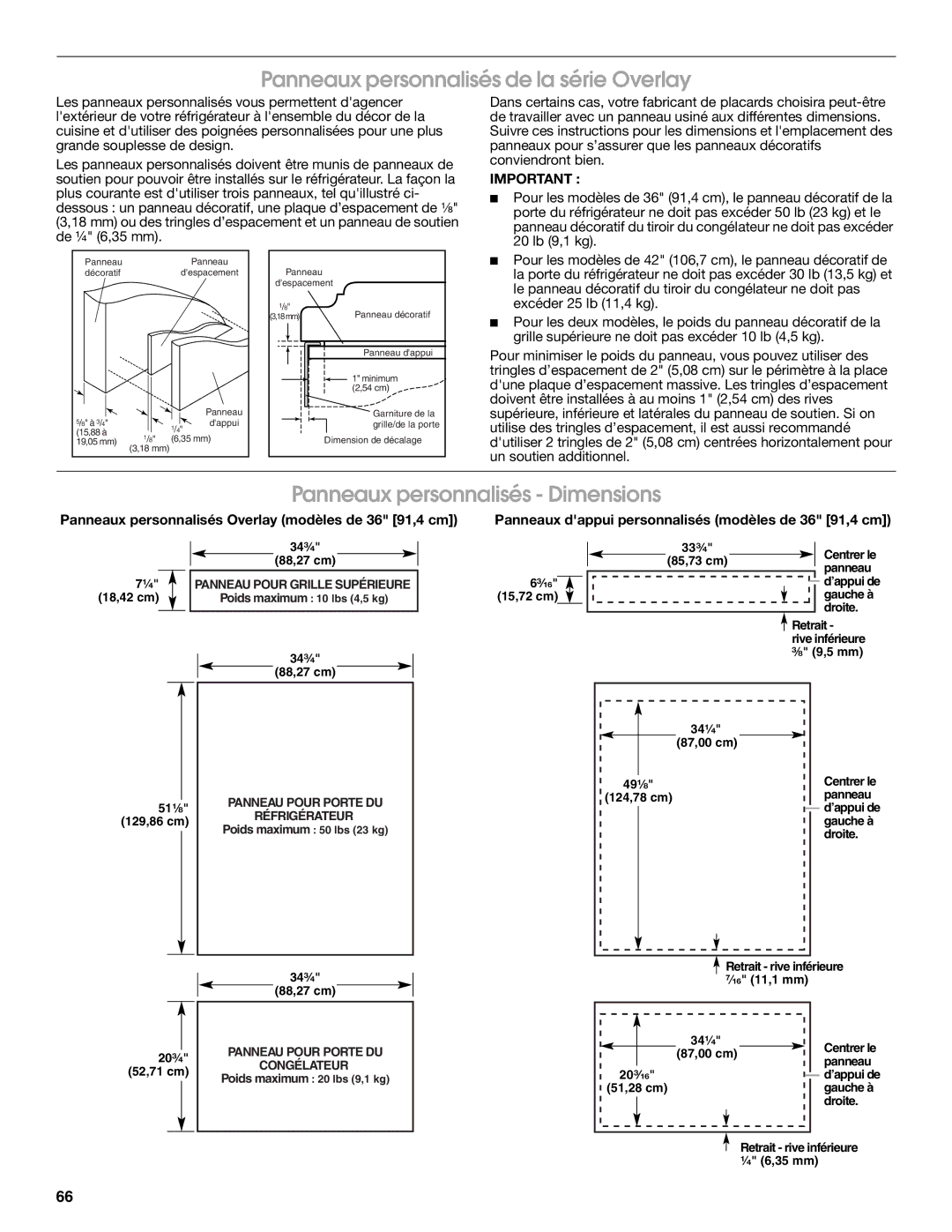 Jenn-Air W10183782A manual Panneaux personnalisés de la série Overlay, Panneaux personnalisés Dimensions 