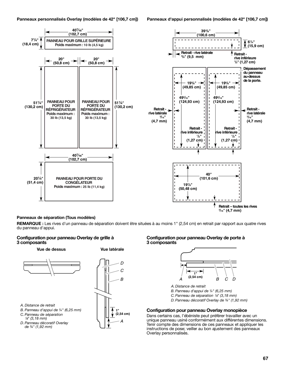 Jenn-Air W10183782A manual Configuration pour panneau Overlay monopièce, Panneaux de séparation Tous modèles, Vue de dessus 