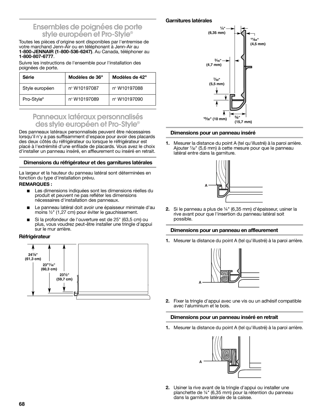 Jenn-Air W10183782A manual Ensembles de poignées de porte Style européen et Pro-Style 