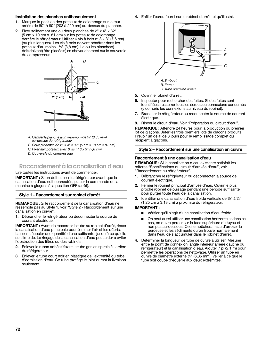 Jenn-Air W10183782A manual Raccordement à la canalisation deau, Installation des planches antibasculement 