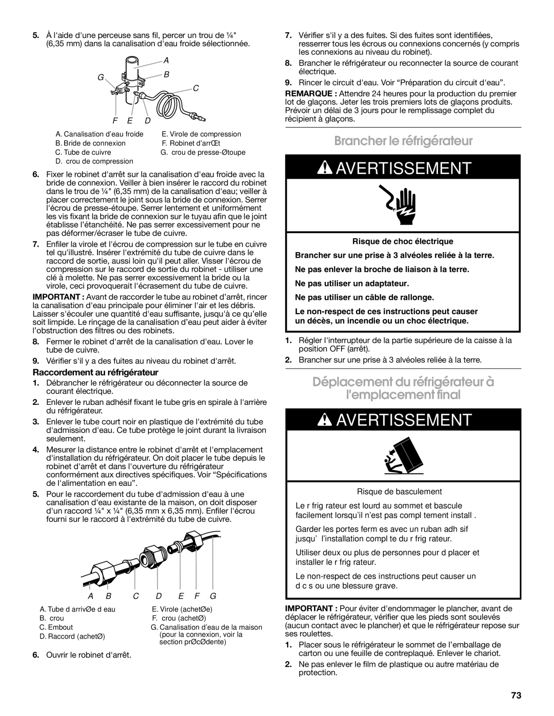 Jenn-Air W10183782A manual Brancher le réfrigérateur, Déplacement du réfrigérateur à Lemplacement final 