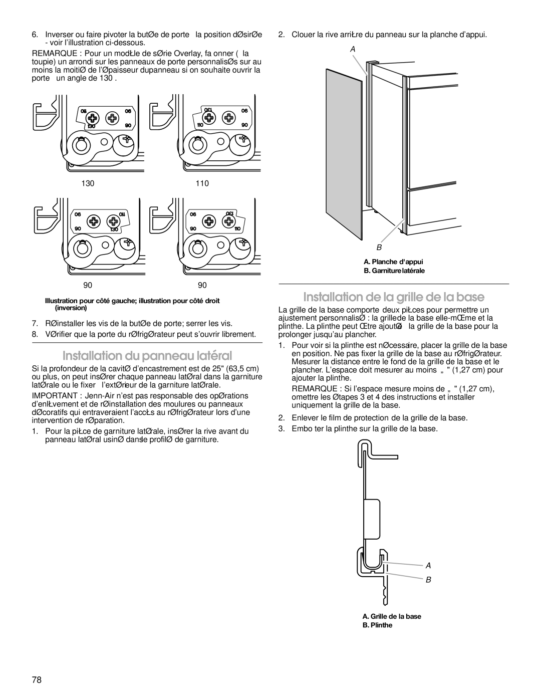 Jenn-Air W10183782A manual Installation du panneau latéral, Installation de la grille de la base 