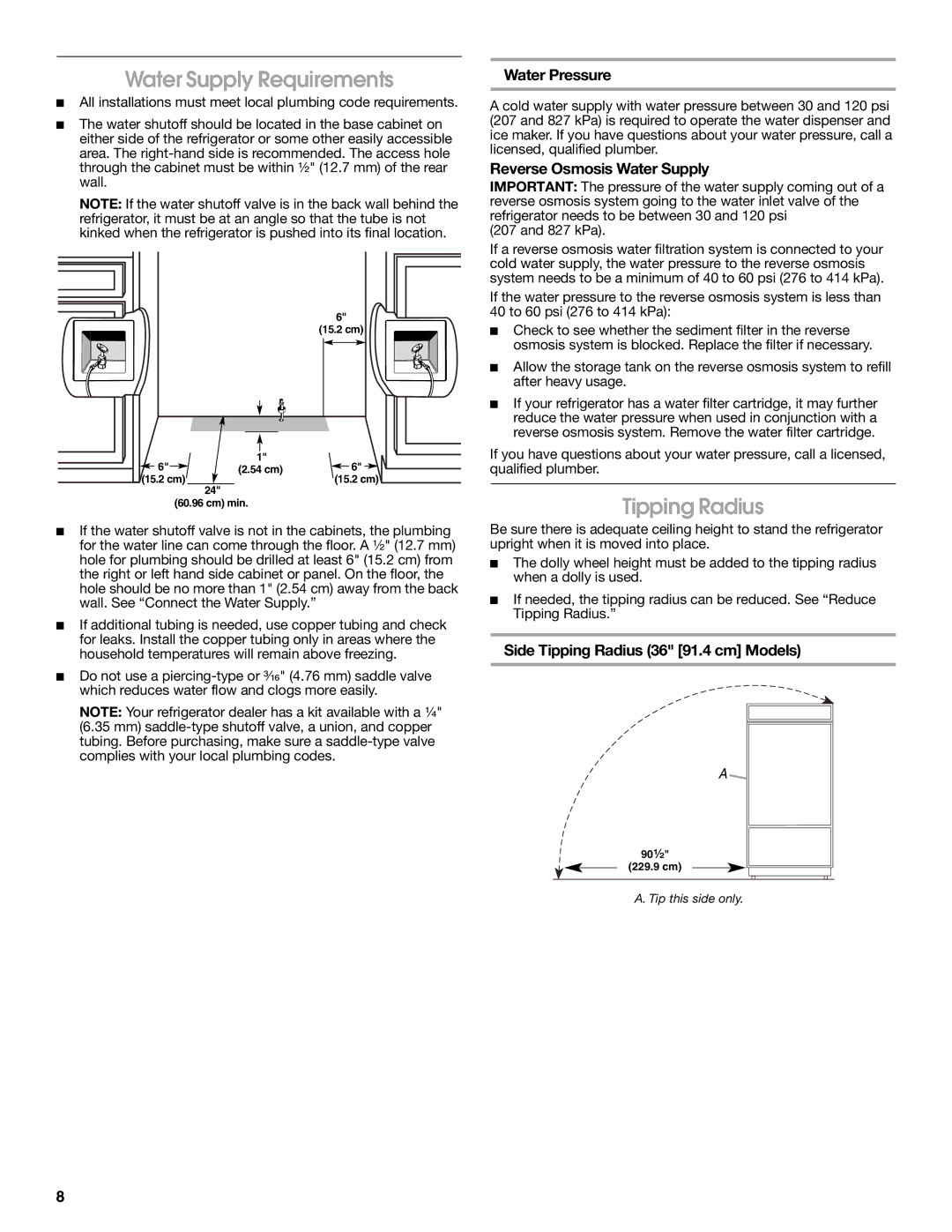 Jenn-Air W10183782A manual Water Supply Requirements, Tipping Radius, Water Pressure, Reverse Osmosis Water Supply 