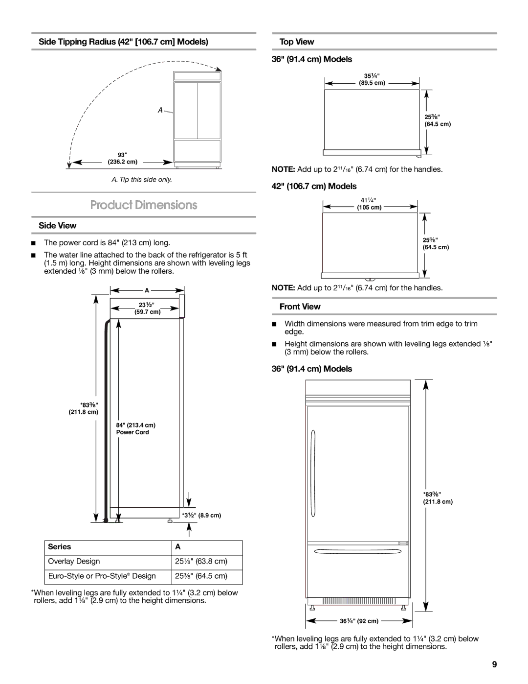 Jenn-Air W10183782A manual Product Dimensions, Side View, 42 106.7 cm Models, Front View, Series 