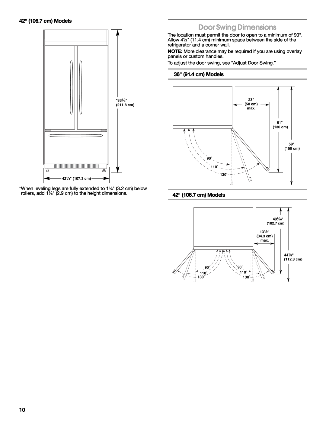 Jenn-Air W10183782A manual Door Swing Dimensions, 42 106.7 cm Models, 36 91.4 cm Models, 40⁷⁄₁₆ 