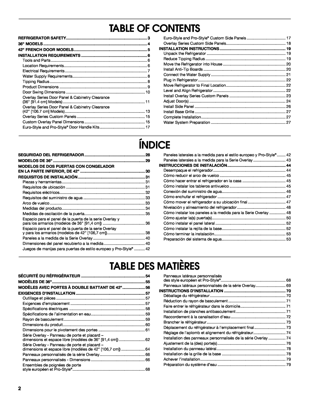 Jenn-Air W10183782A manual Table Of Contents, Índice, Table Des Matières, Modelos De Dos Puertas Con Congelador 