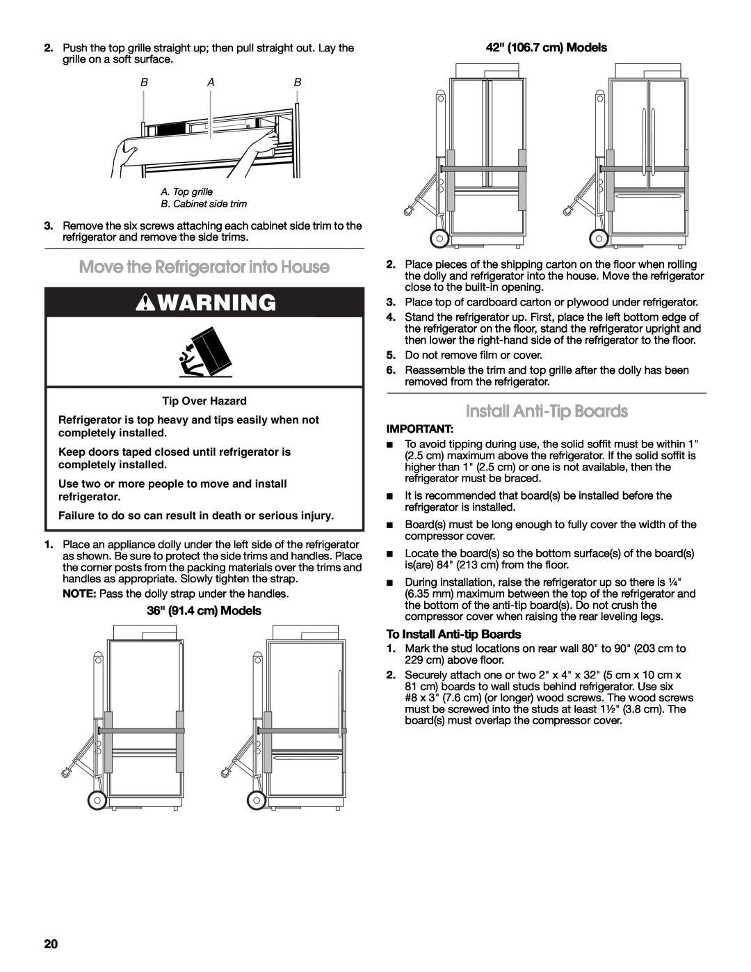Jenn-Air W10183782A manual Move the Refrigerator into House, Install Anti-Tip Boards, To Install Anti-tip Boards 