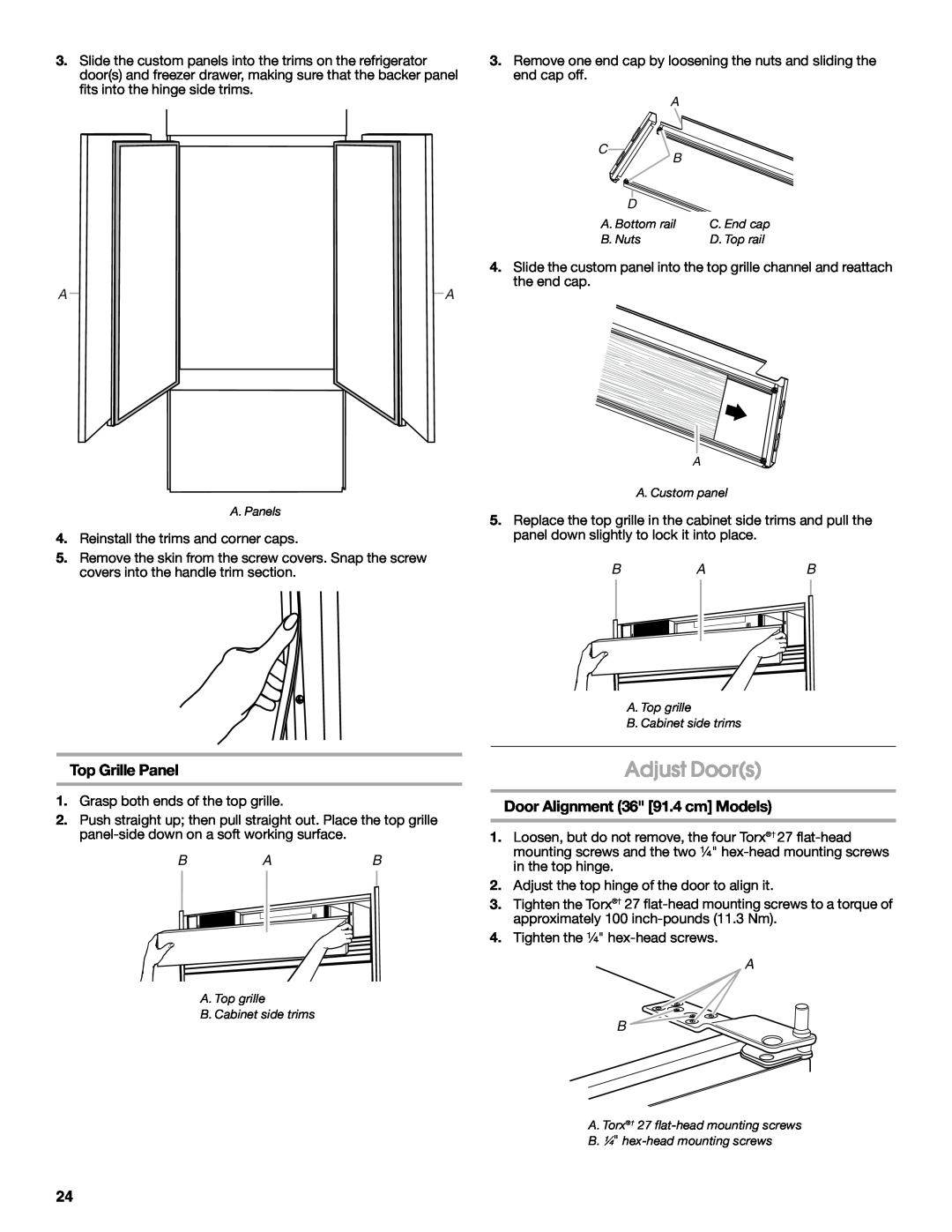 Jenn-Air W10183782A manual Adjust Doors, Top Grille Panel, Door Alignment 36 91.4 cm Models 
