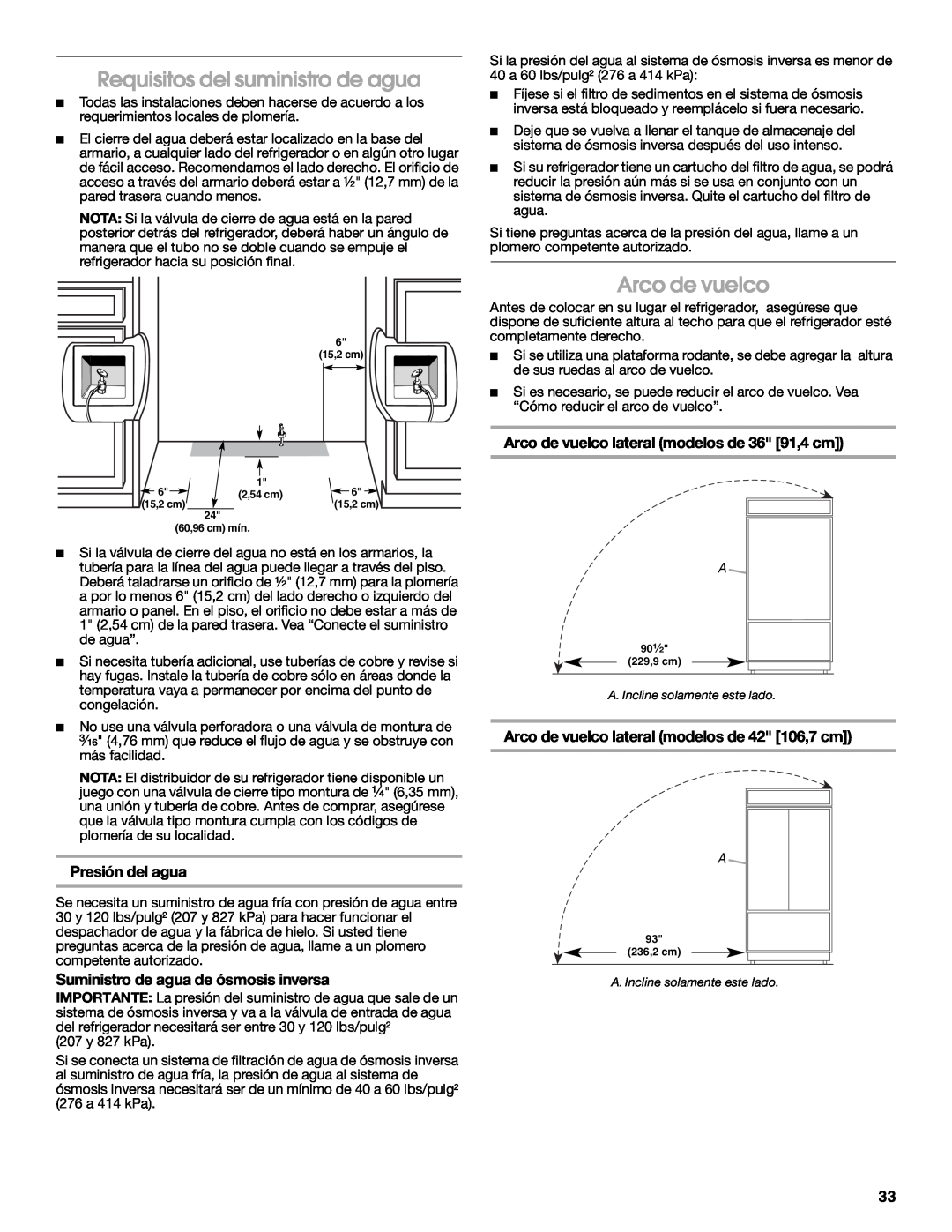 Jenn-Air W10183782A manual Requisitos del suministro de agua, Arco de vuelco, Presión del agua 