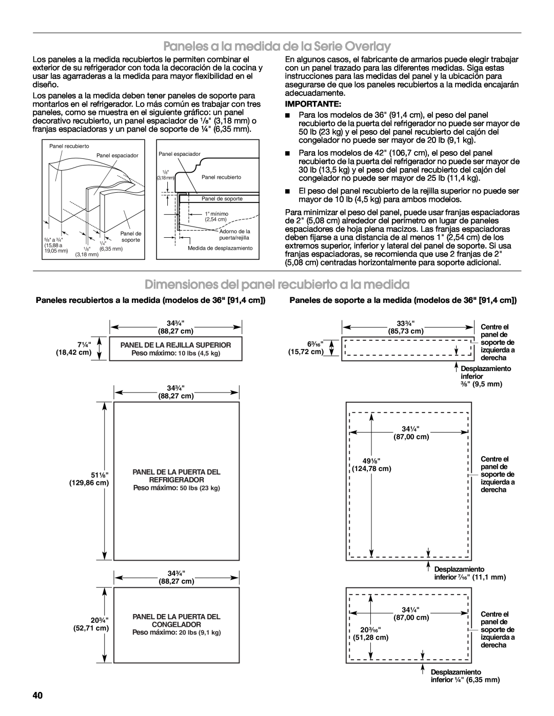 Jenn-Air W10183782A Paneles a la medida de la Serie Overlay, Dimensiones del panel recubierto a la medida, Importante 