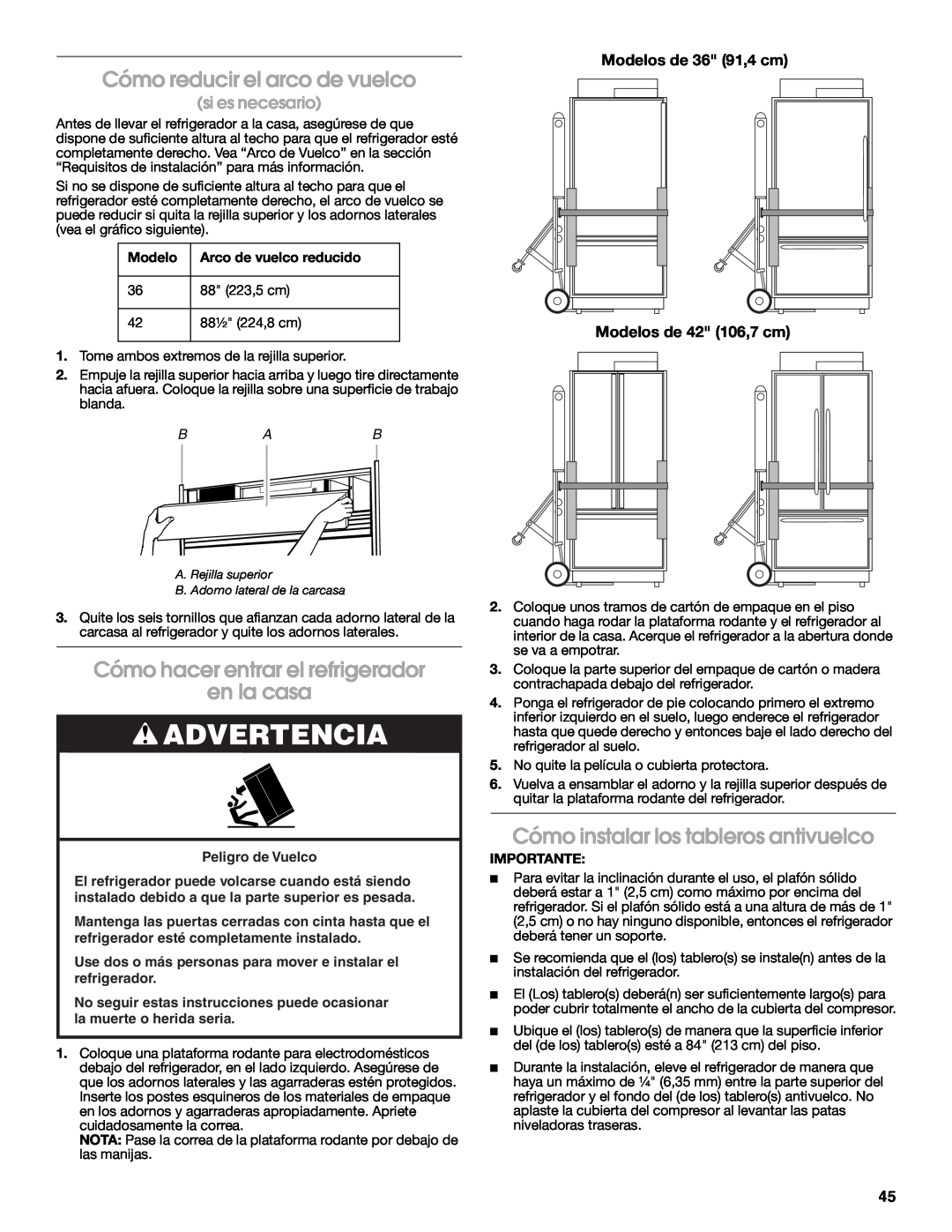 Jenn-Air W10183782A Cómo reducir el arco de vuelco, Cómo hacer entrar el refrigerador en la casa, si es necesario, Modelo 