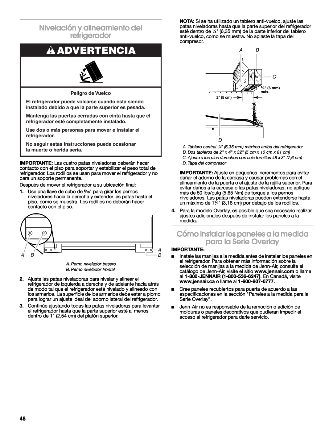 Jenn-Air W10183782A manual Nivelación y alineamiento del refrigerador, Advertencia, A B C, Importante 