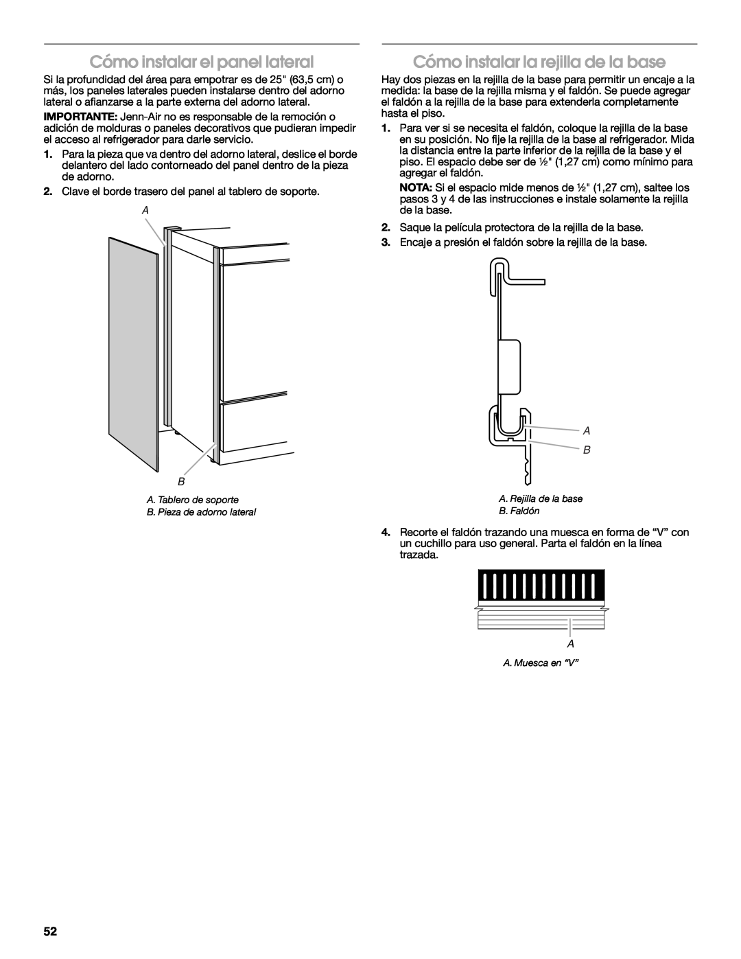 Jenn-Air W10183782A manual Cómo instalar el panel lateral, Cómo instalar la rejilla de la base 