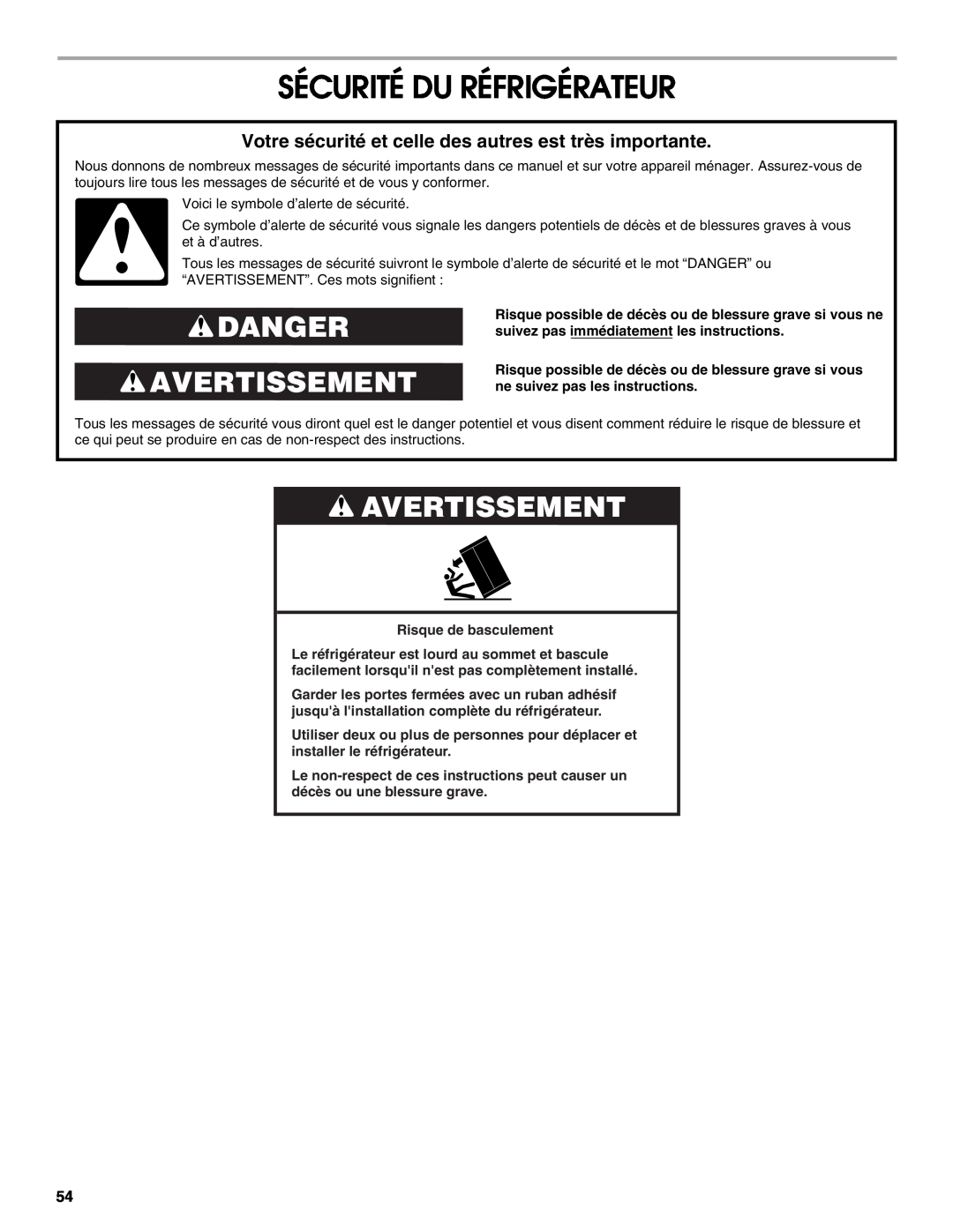 Jenn-Air W10183782A manual Sécurité Du Réfrigérateur, Danger Avertissement 