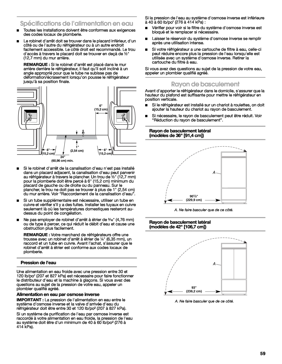 Jenn-Air W10183782A manual Spécifications de l’alimentation en eau, Rayon de basculement, Pression de leau 