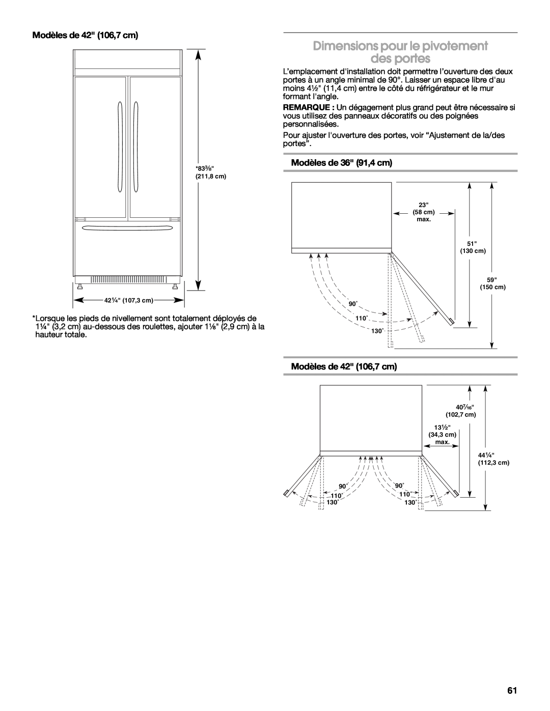 Jenn-Air W10183782A manual Dimensions pour le pivotement des portes, Modèles de 42 106,7 cm, Modèles de 36 91,4 cm 